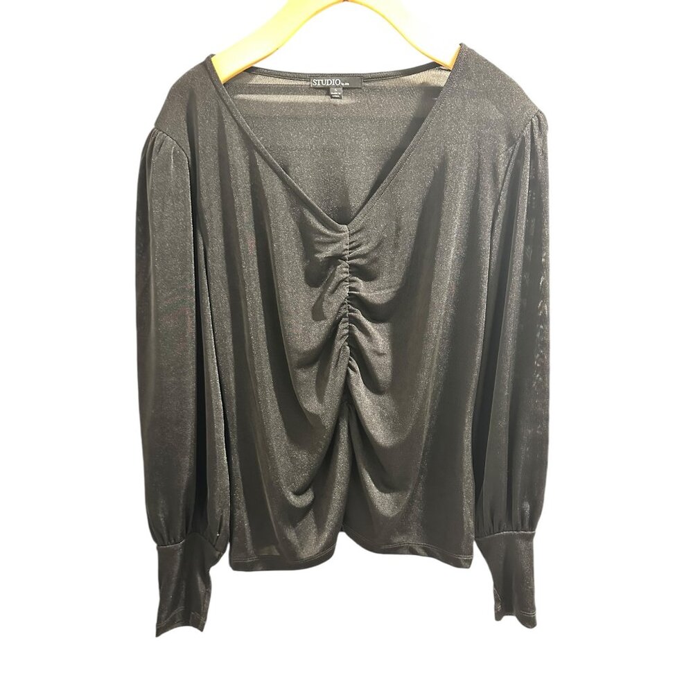🍒 2/$20 🍒 Long Sleeve Light Weight Bunched Front V-Neck Sheer Blouse sz S